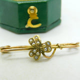 Edwardian 9ct Yellow Gold & Seed Pearl Shamrock Brooch Antique 1908 Birmingham