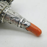 Victorian Sterling Silver & Coral Baby Rattle, Teether, Whistle Antique 1880