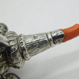 Victorian Sterling Silver & Coral Baby Rattle, Teether, Whistle Antique 1880
