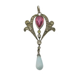 Edwardian Sterling Silver, Pink-White Paste & Glass Lavalier Pendant Antique c1910