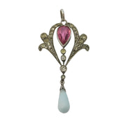 Edwardian Sterling Silver, Pink-White Paste & Glass Lavalier Pendant Antique c1910