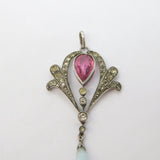 Edwardian Sterling Silver, Pink-White Paste & Glass Lavalier Pendant Antique c1910