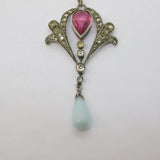 Edwardian Sterling Silver, Pink-White Paste & Glass Lavalier Pendant Antique c1910