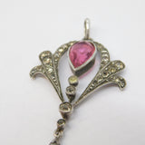 Edwardian Sterling Silver, Pink-White Paste & Glass Lavalier Pendant Antique c1910