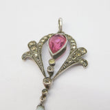 Edwardian Sterling Silver, Pink-White Paste & Glass Lavalier Pendant Antique c1910