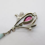 Edwardian Sterling Silver, Pink-White Paste & Glass Lavalier Pendant Antique c1910