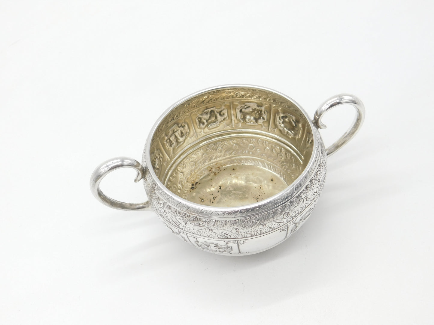 Victorian Sterling Silver 12 Symbols of Zodiac Sugar Bowl Antique 1874 Sheffield