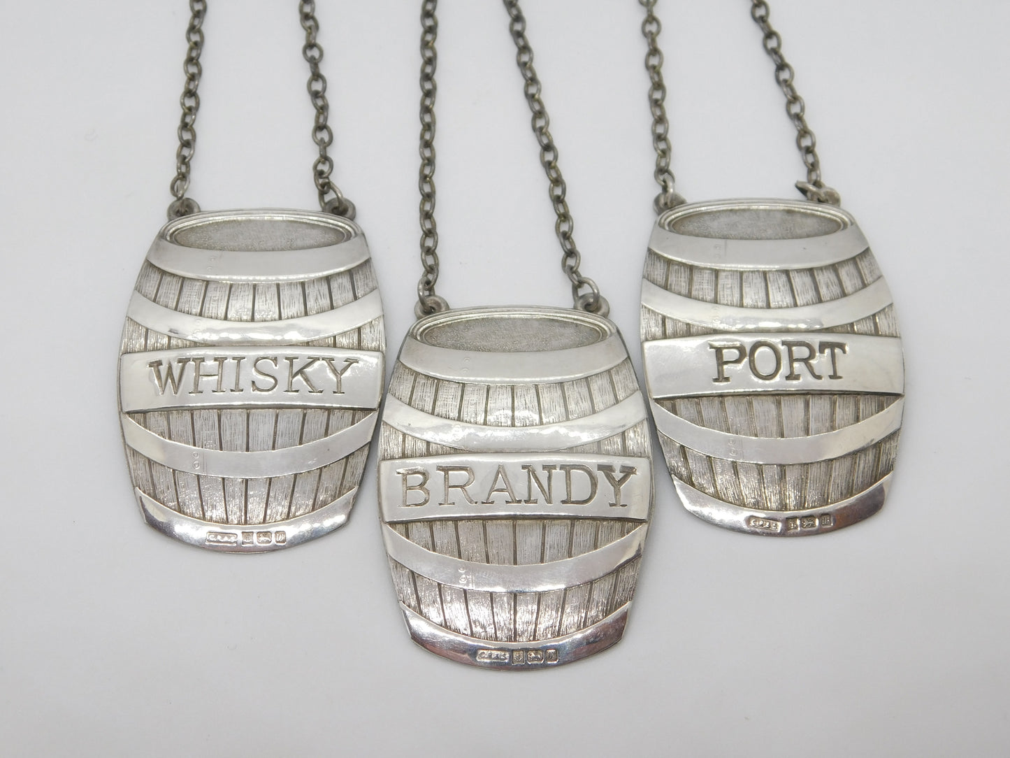 Sterling Silver Novelty Barrel Port, Whisky, Brandy Decanter Label Set Vintage