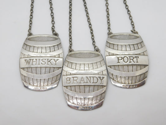 Sterling Silver Novelty Barrel Port, Whisky, Brandy Decanter Label Set Vintage