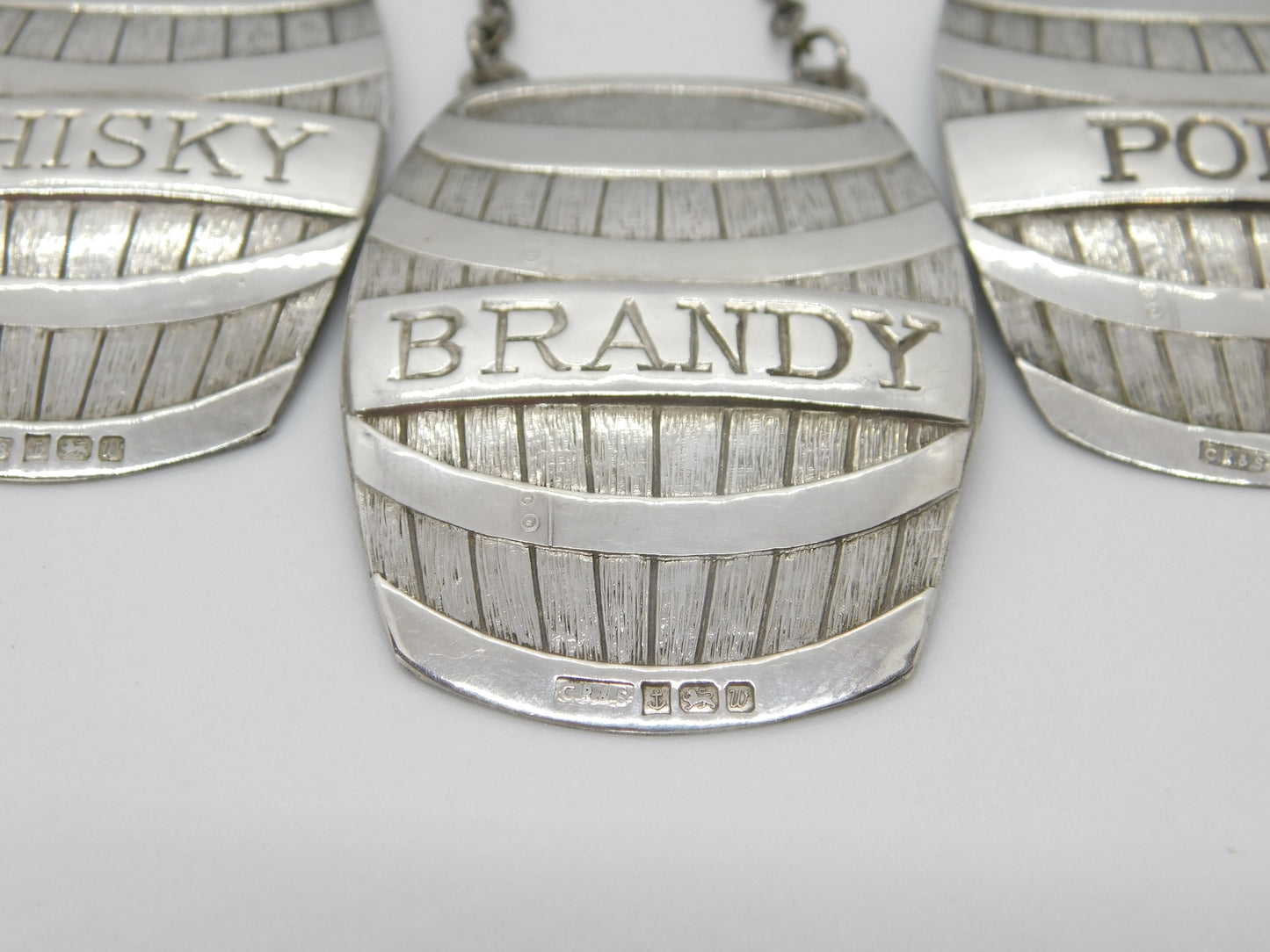 Sterling Silver Novelty Barrel Port, Whisky, Brandy Decanter Label Set Vintage