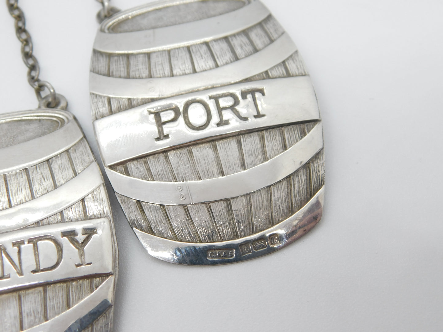 Sterling Silver Novelty Barrel Port, Whisky, Brandy Decanter Label Set Vintage