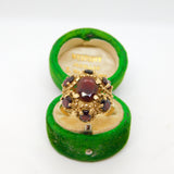 9ct Yellow Gold Bohemian Garnet Floral Cluster Ring Vintage 1977 London