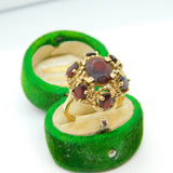 9ct Yellow Gold Bohemian Garnet Floral Cluster Ring Vintage 1977 London