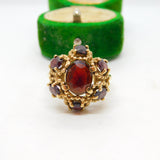9ct Yellow Gold Bohemian Garnet Floral Cluster Ring Vintage 1977 London