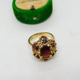 9ct Yellow Gold Bohemian Garnet Floral Cluster Ring Vintage 1977 London