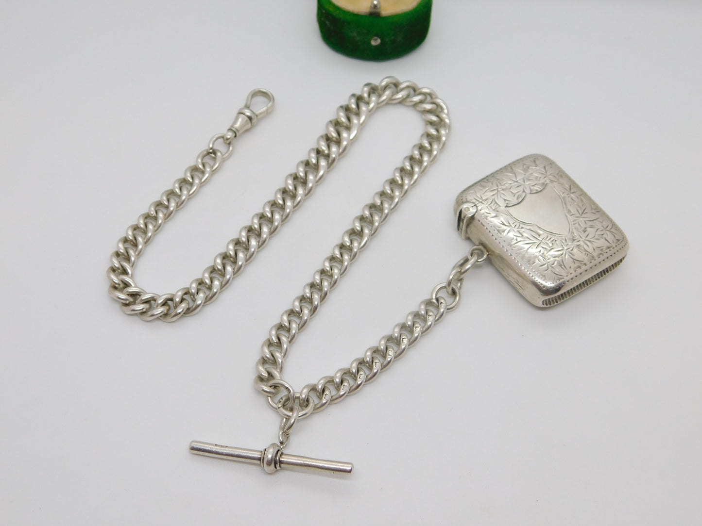 Victorian Sterling Silver Graduating Albert Watch Chain & Vesta 1892 Antique