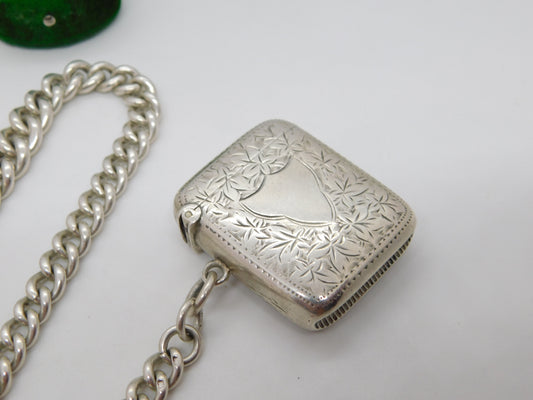 Victorian Sterling Silver Graduating Albert Watch Chain & Vesta 1892 Antique