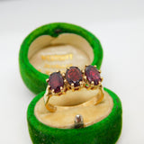 9ct Yellow Gold Three Stone Almandine Garnet Dress Ring Vintage 1973 London