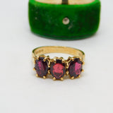 9ct Yellow Gold Three Stone Almandine Garnet Dress Ring Vintage 1973 London