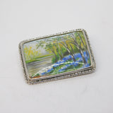 TLM Sterling Silver Mounted Painting Spring Woodland Brooch Antique c1920