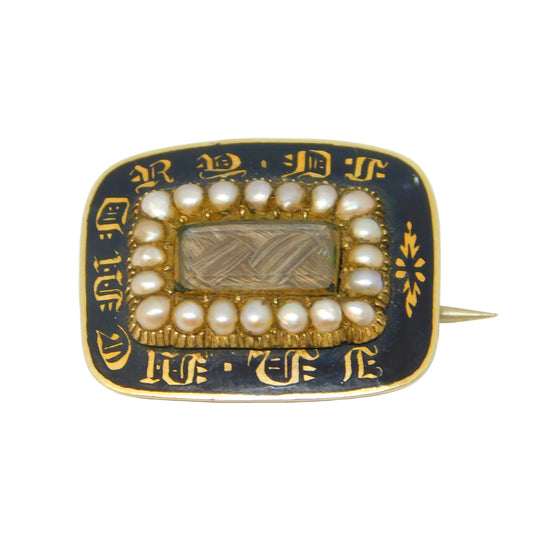 Victorian 15ct Gold, Enamel, Pearl Mourning Brooch 'Mary Poile, 1840' Antique