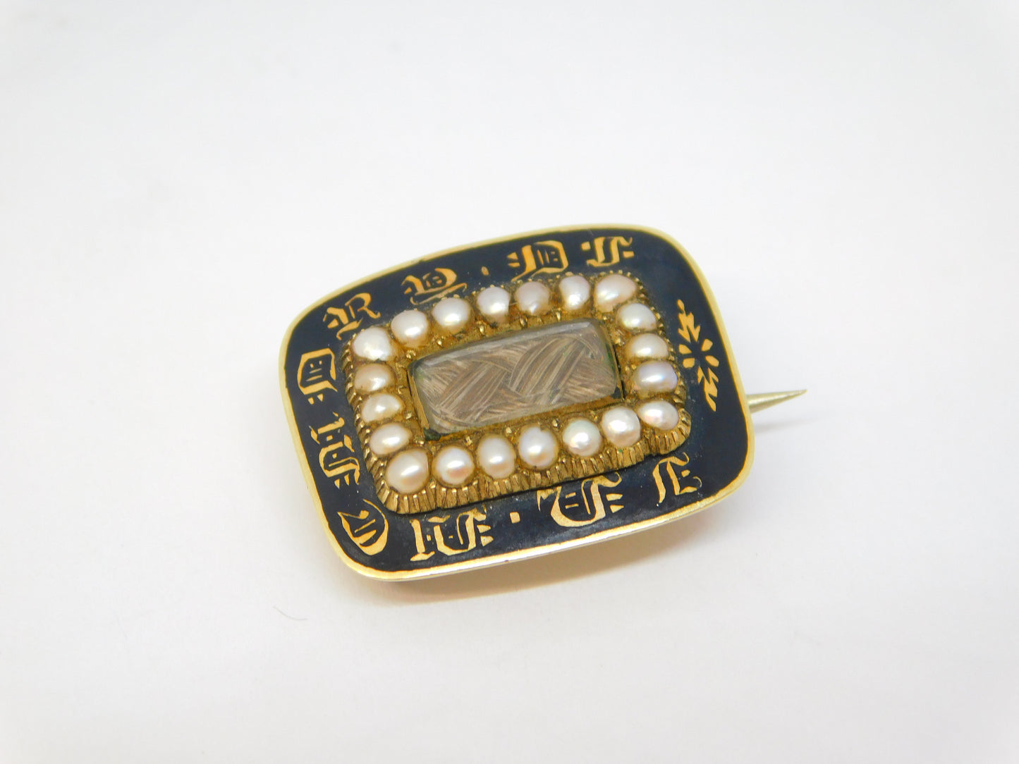 Victorian 15ct Gold, Enamel, Pearl Mourning Brooch 'Mary Poile, 1840' Antique