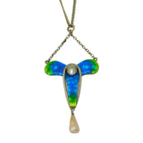 Art Nouveau Sterling Silver Guilloche Enamel, Pearl Drop Pendant Necklace c1890