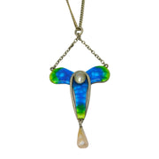 Art Nouveau Sterling Silver Guilloche Enamel, Pearl Drop Pendant Necklace c1890