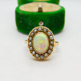 Victorian 18ct Gold Cabochon White Opal & Seed Pearl Dress Ring Antique c1860