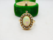 Victorian 18ct Gold Cabochon White Opal & Seed Pearl Dress Ring Antique c1860