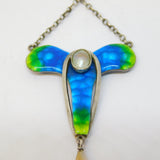 Art Nouveau Sterling Silver Guilloche Enamel, Pearl Drop Pendant Necklace c1890