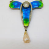 Art Nouveau Sterling Silver Guilloche Enamel, Pearl Drop Pendant Necklace c1890
