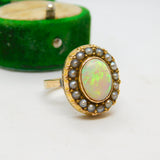 Victorian 18ct Gold Cabochon White Opal & Seed Pearl Dress Ring Antique c1860