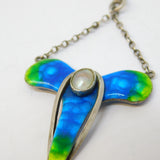 Art Nouveau Sterling Silver Guilloche Enamel, Pearl Drop Pendant Necklace c1890