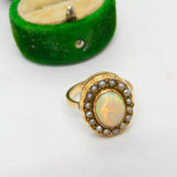 Victorian 18ct Gold Cabochon White Opal & Seed Pearl Dress Ring Antique c1860