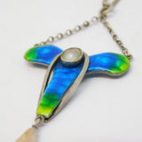 Art Nouveau Sterling Silver Guilloche Enamel, Pearl Drop Pendant Necklace c1890