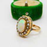 Victorian 18ct Gold Cabochon White Opal & Seed Pearl Dress Ring Antique c1860