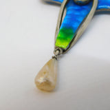 Art Nouveau Sterling Silver Guilloche Enamel, Pearl Drop Pendant Necklace c1890