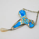 Art Nouveau Sterling Silver Guilloche Enamel, Pearl Drop Pendant Necklace c1890