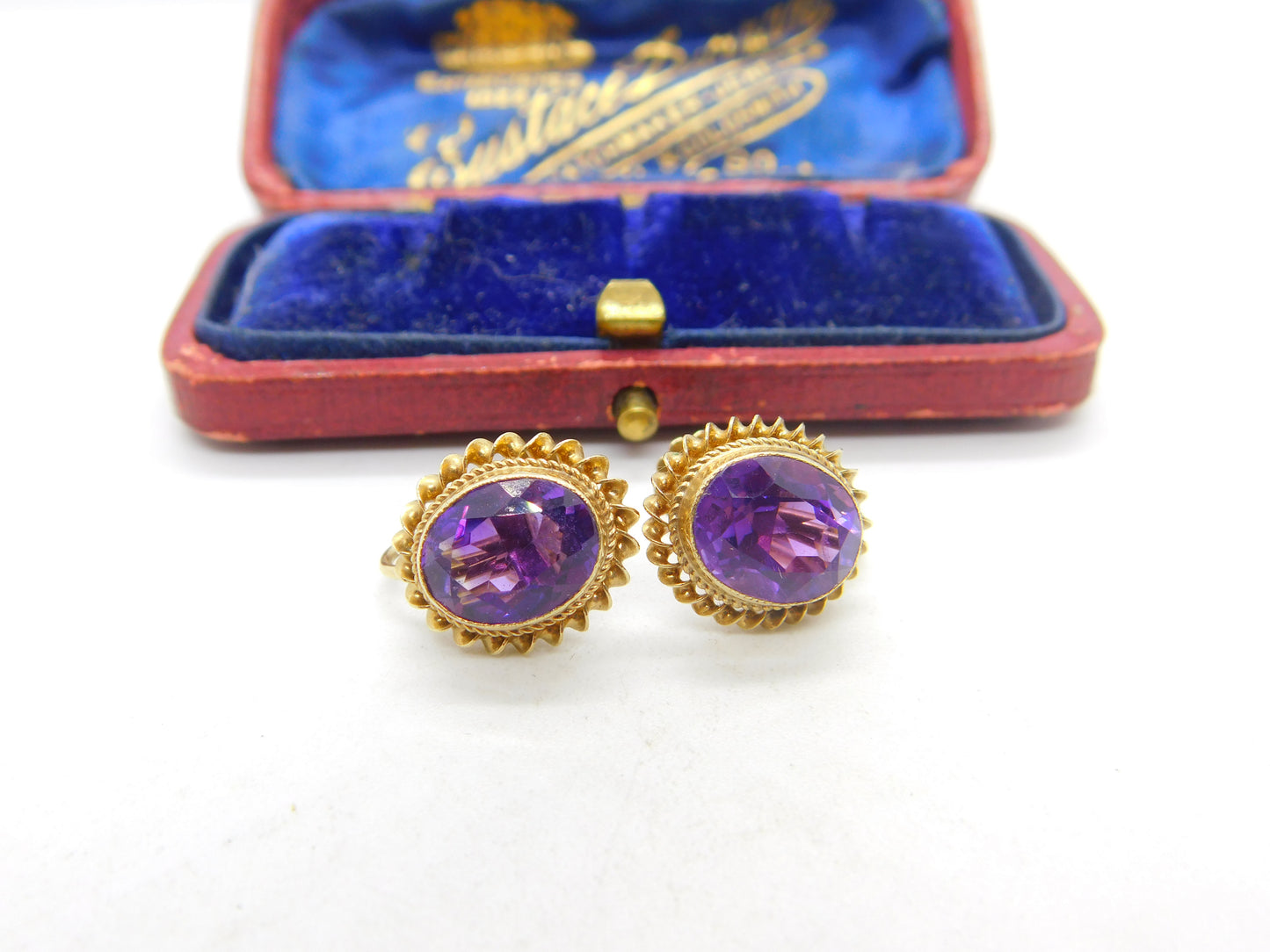 9ct Yellow Gold & Amethyst Set Screw-Back Earrings Antique c1930 Art Deco