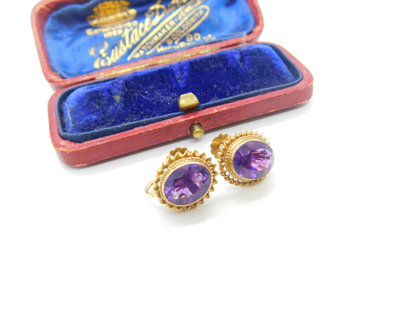 9ct Yellow Gold & Amethyst Set Screw-Back Earrings Antique c1930 Art Deco