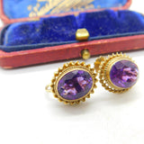 9ct Yellow Gold & Amethyst Set Screw-Back Earrings Antique c1930 Art Deco