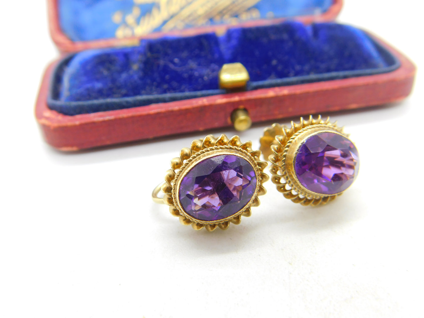 9ct Yellow Gold & Amethyst Set Screw-Back Earrings Antique c1930 Art Deco