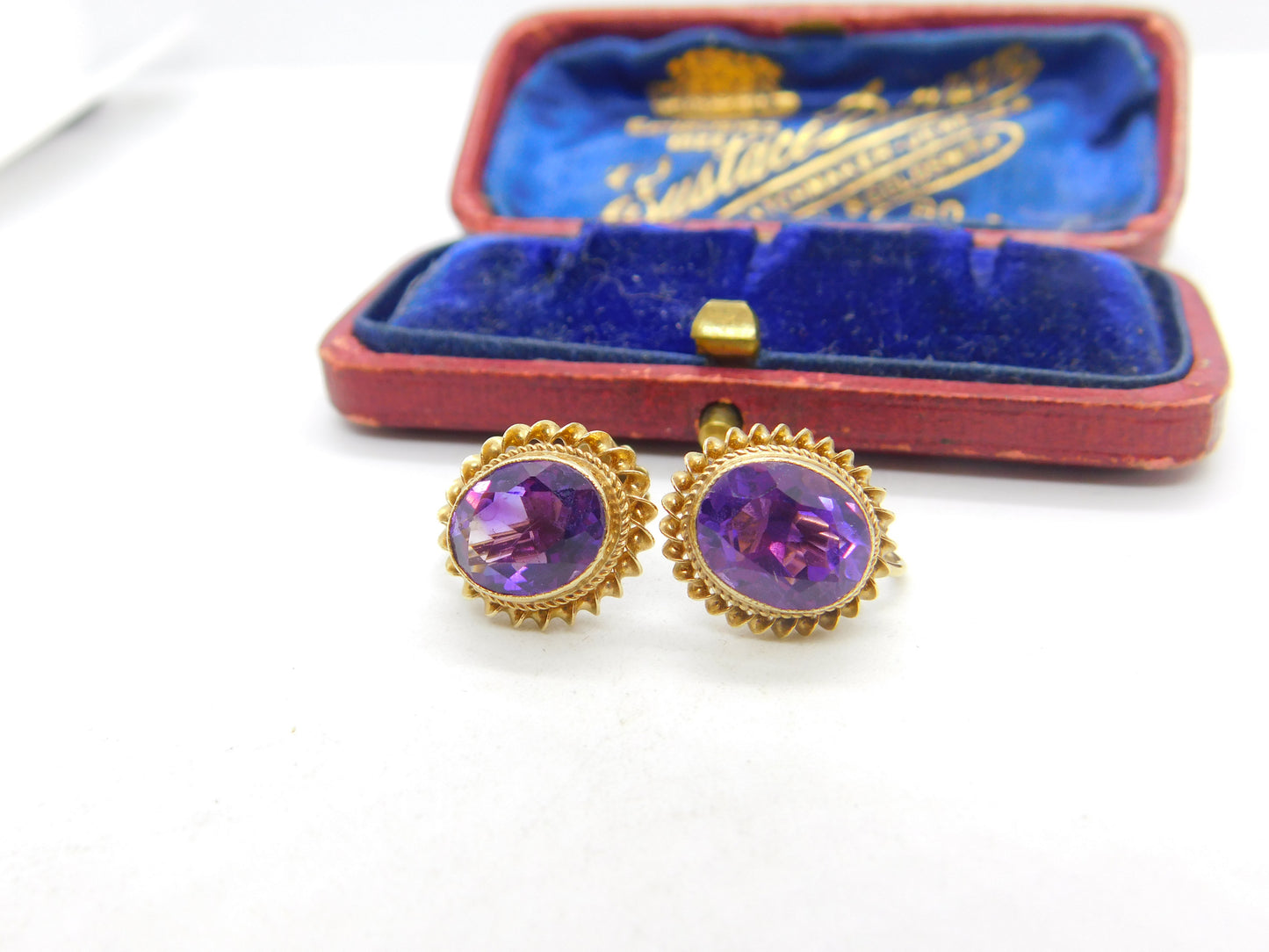 9ct Yellow Gold & Amethyst Set Screw-Back Earrings Antique c1930 Art Deco