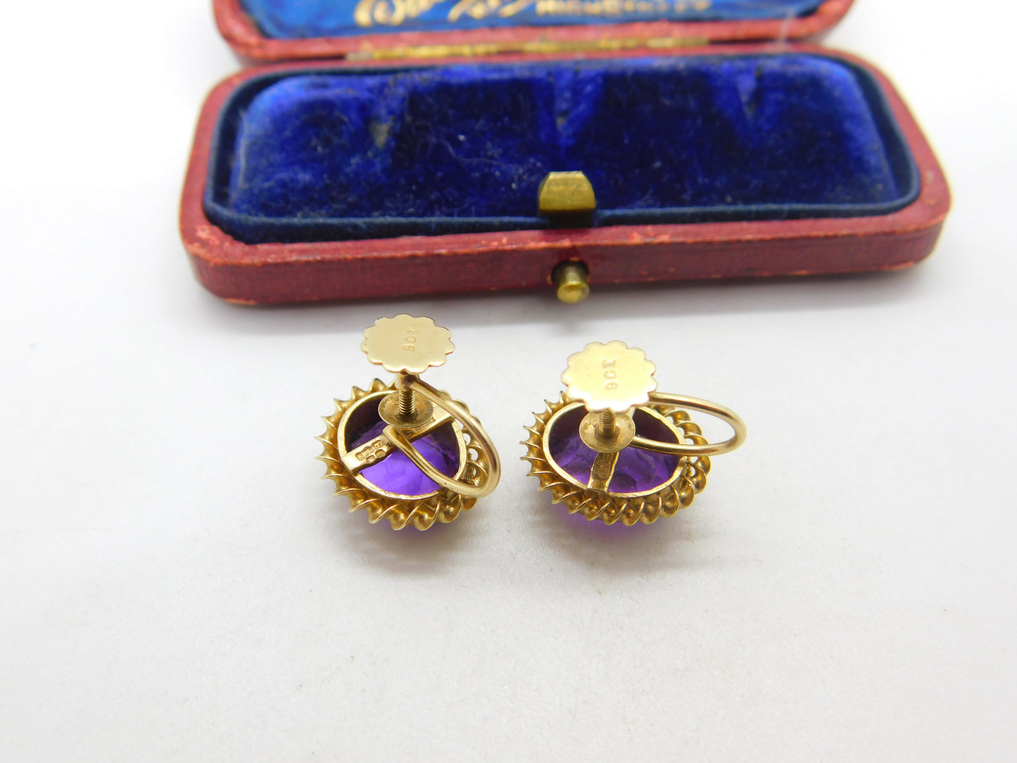 9ct Yellow Gold & Amethyst Set Screw-Back Earrings Antique c1930 Art Deco