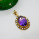 Victorian 18ct Gold, Amethyst & Seed Pearl Set Drop Pendant Antique c1880