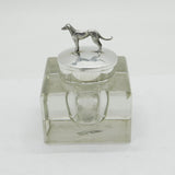 Edwardian Sterling Silver Mounted Glass Greyhound Racing Inkwell Antique 1909 Birmingham
