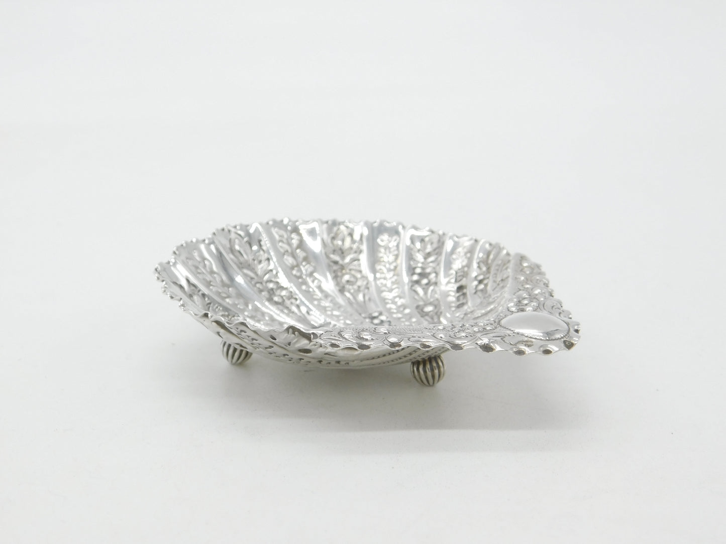 Victorian Sterling Silver Floral Pattern Shell Form Butter Dish 1890 Sheffield