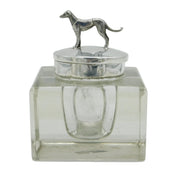 Edwardian Sterling Silver Mounted Glass Greyhound Racing Inkwell Antique 1909 Birmingham