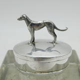 Edwardian Sterling Silver Mounted Glass Greyhound Racing Inkwell Antique 1909 Birmingham